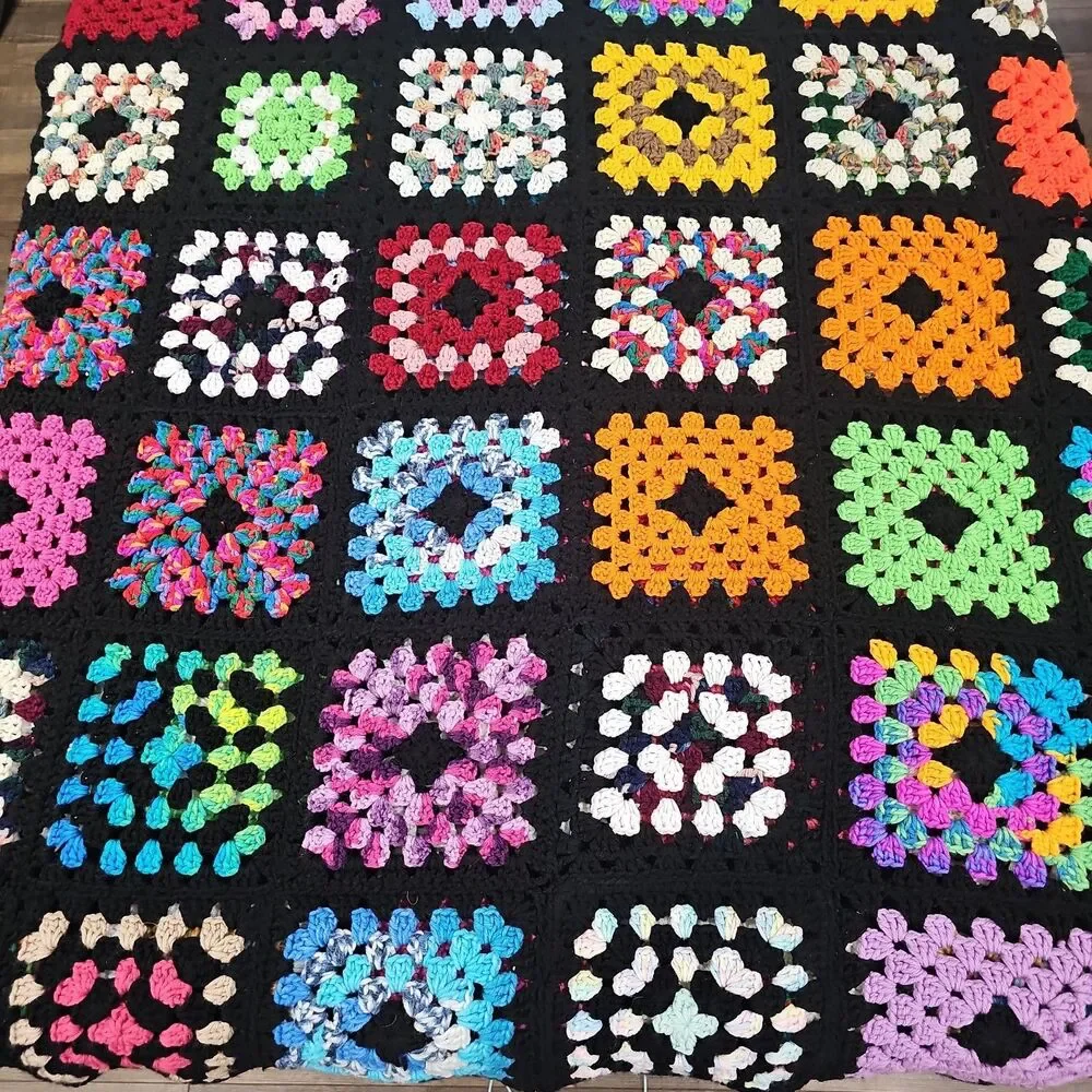 Vtg Handmade Granny Square Crochet Afghan Cottage Core 100